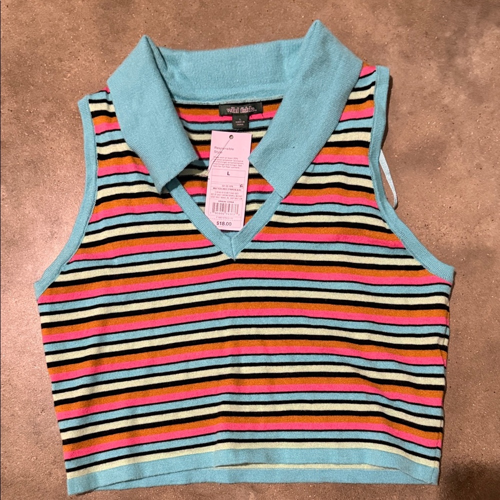 Vintage-Inspired Striped Knit Polo Tank - Light Blue, Pink & Black